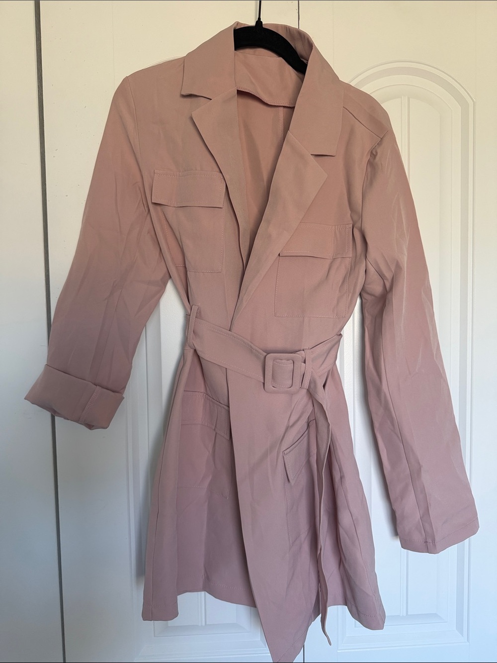 Light Pink Belted Trench Coat with Notch Lapel